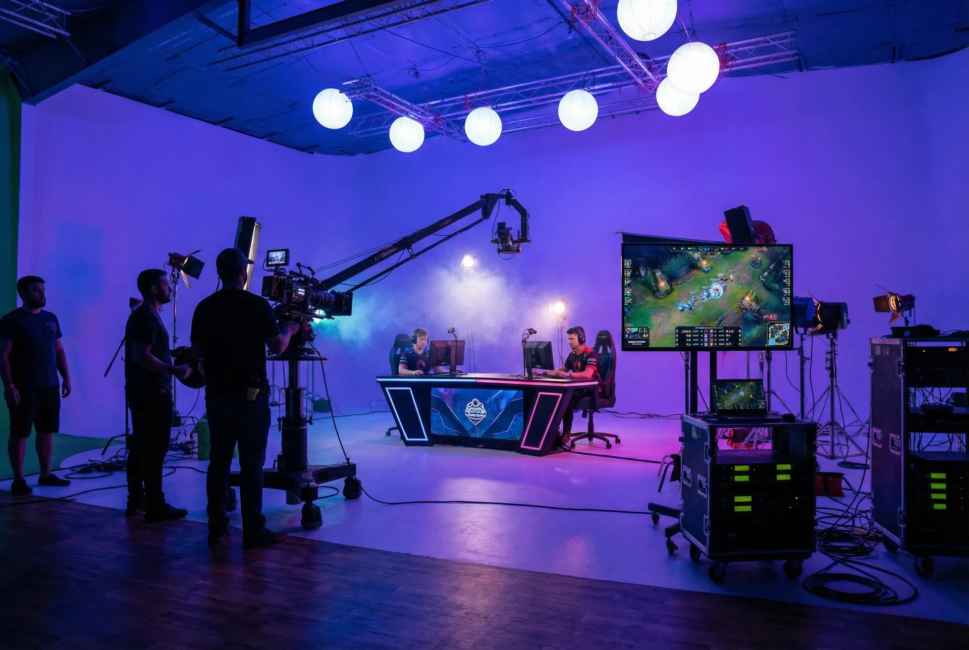 Esports broadcast set with jib camera and purple wash