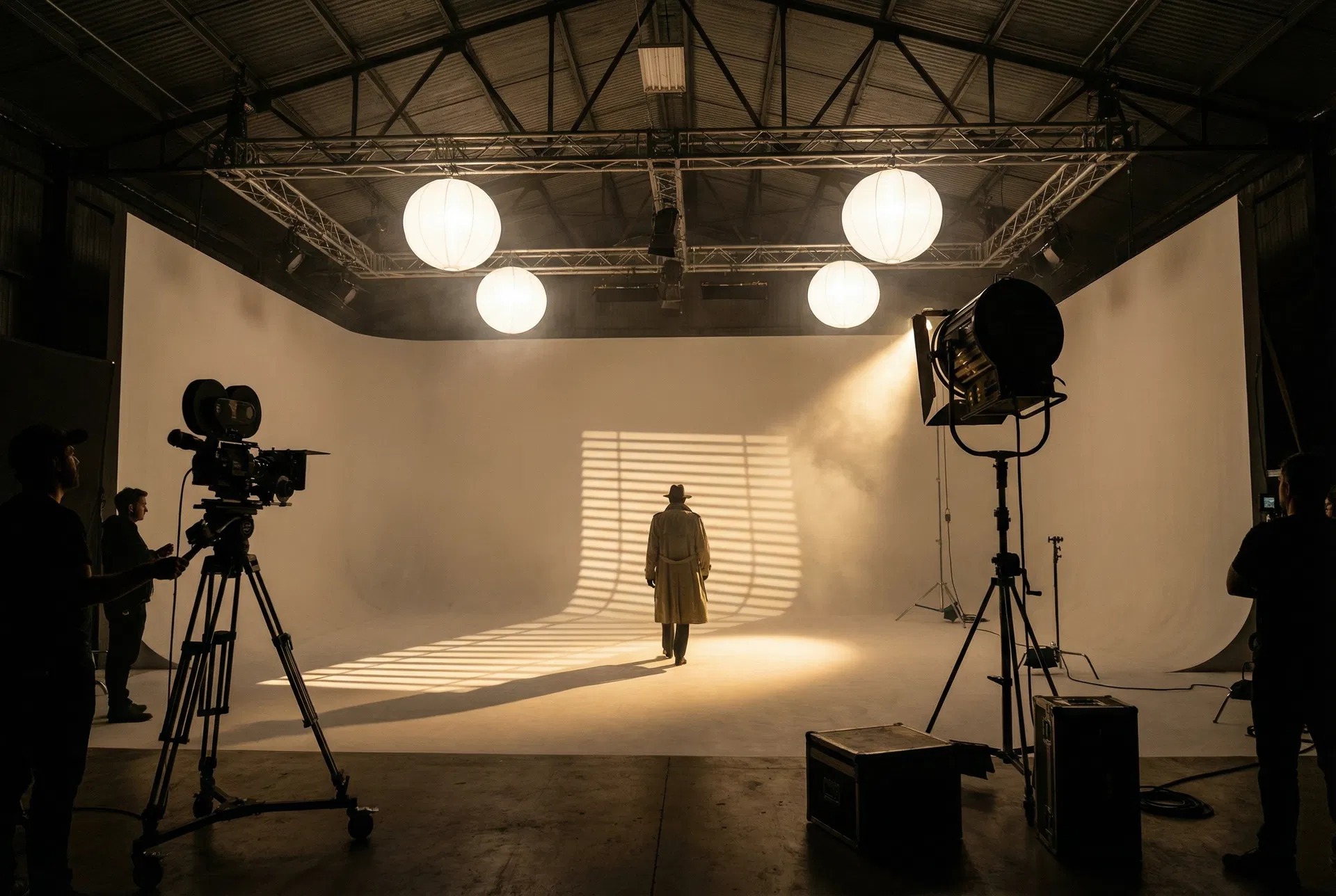 Noir lit cyclorama with venetian blind gobo and trench coat figure
