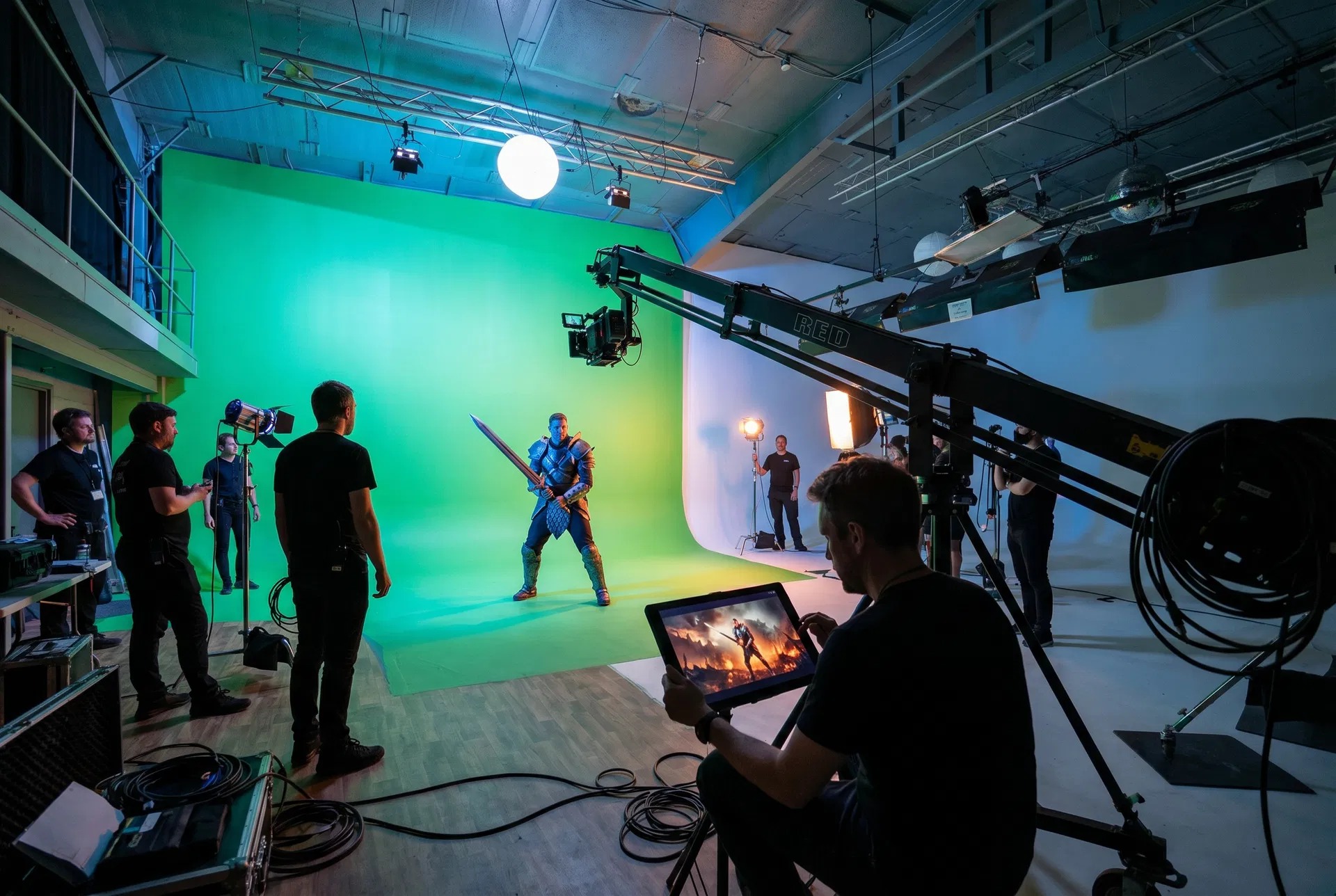 Green screen swordsman shoot with RED jib and live compositing