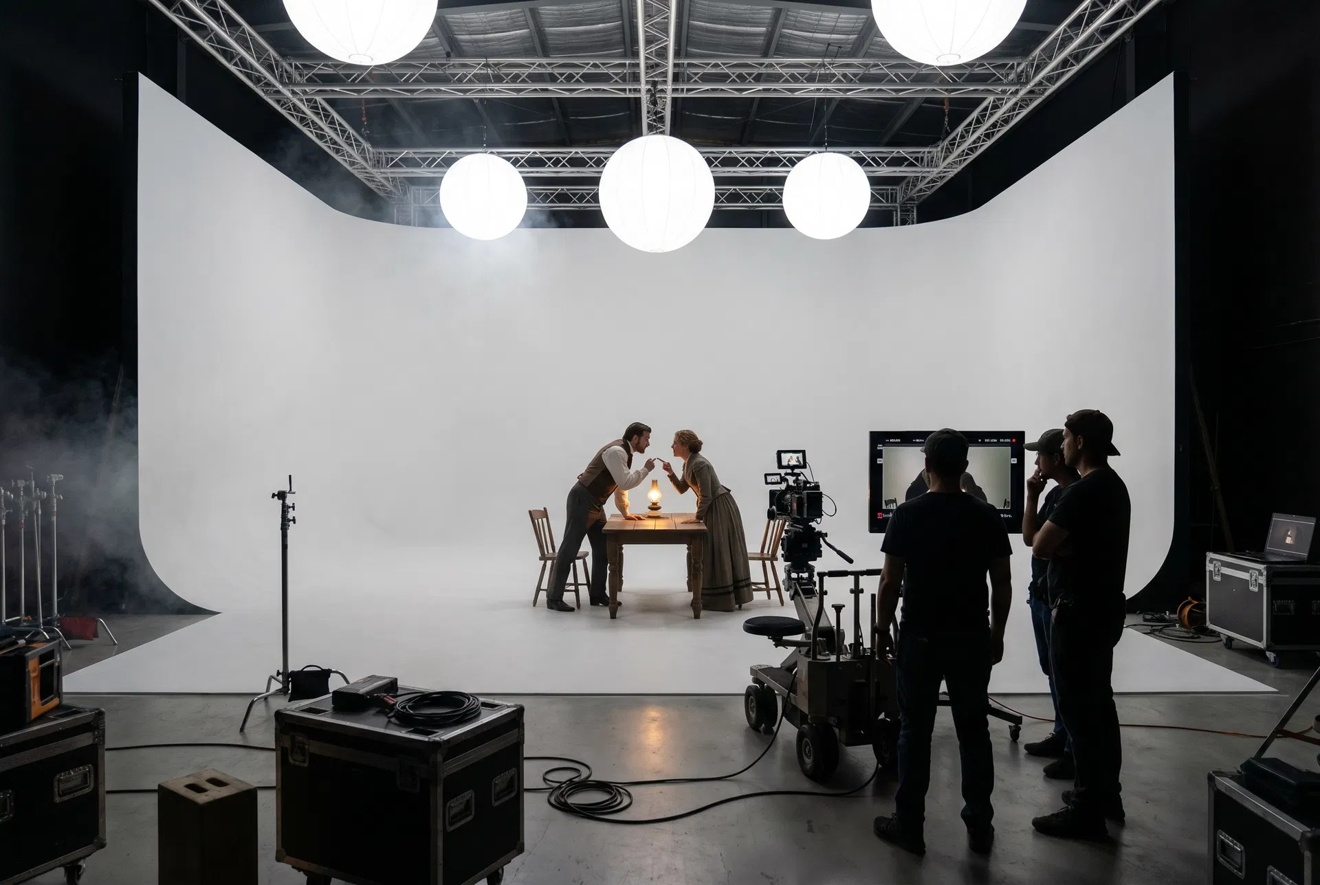 Period drama shoot on the white cyc under china balls