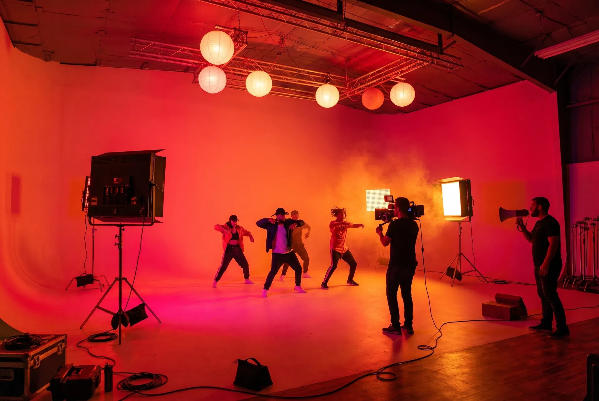 Dance crew under red and orange wash with china balls
