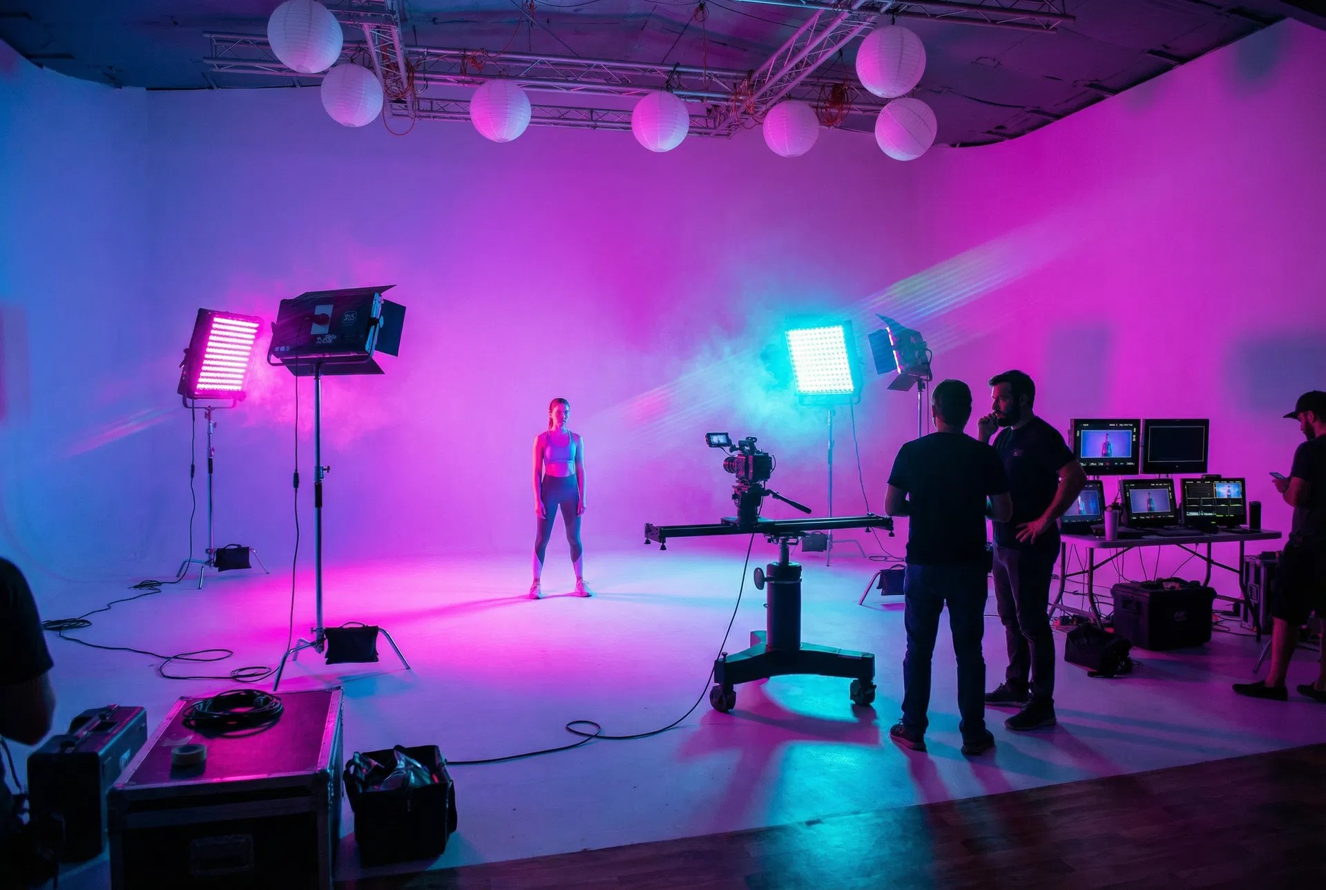 Athletic shoot with pink and teal RGB panels through haze
