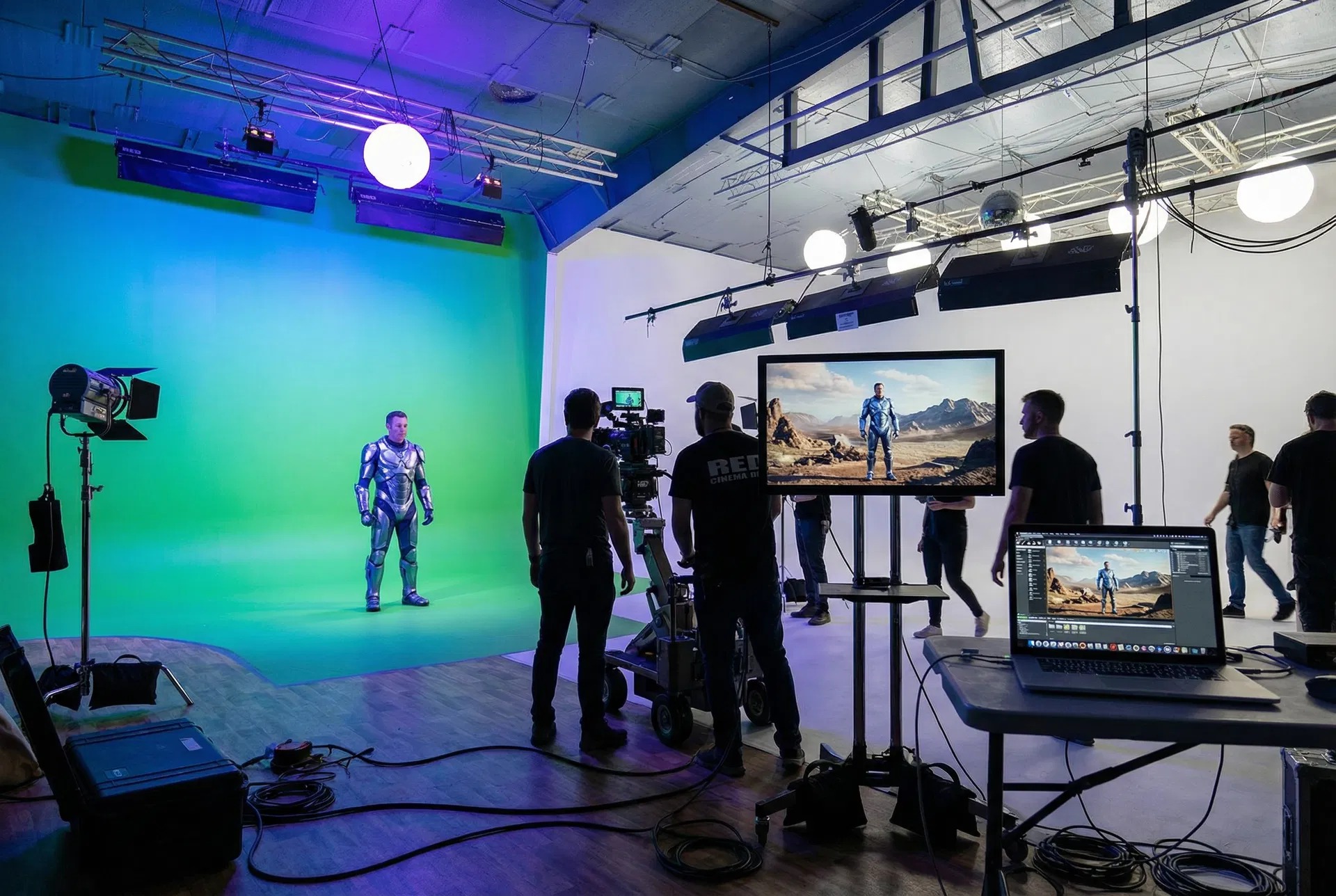 Sci-fi character on green screen with live composite preview