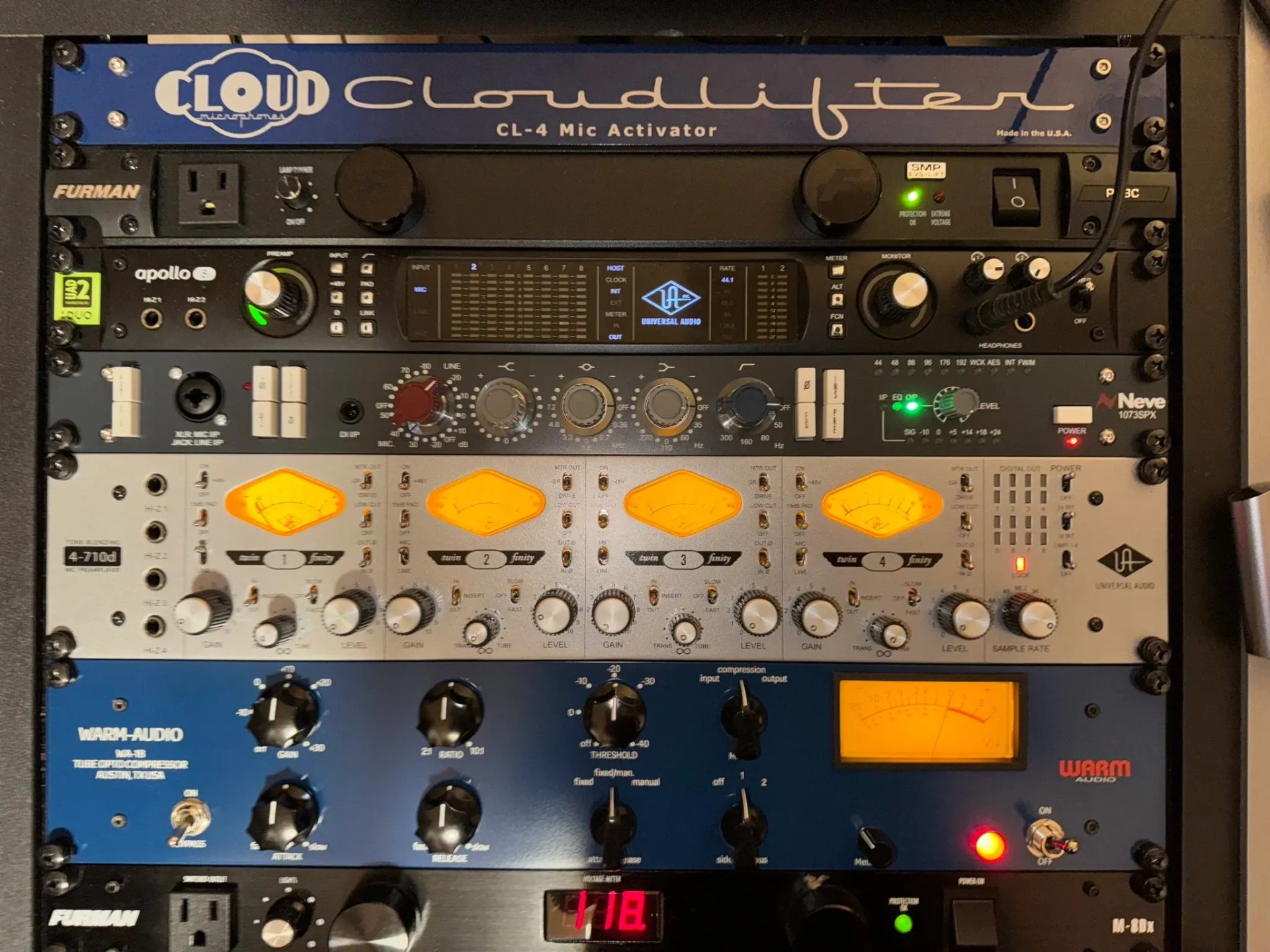 Outboard rack — Neve 1073, UA Apollo, Cloudlifter, Warm Audio